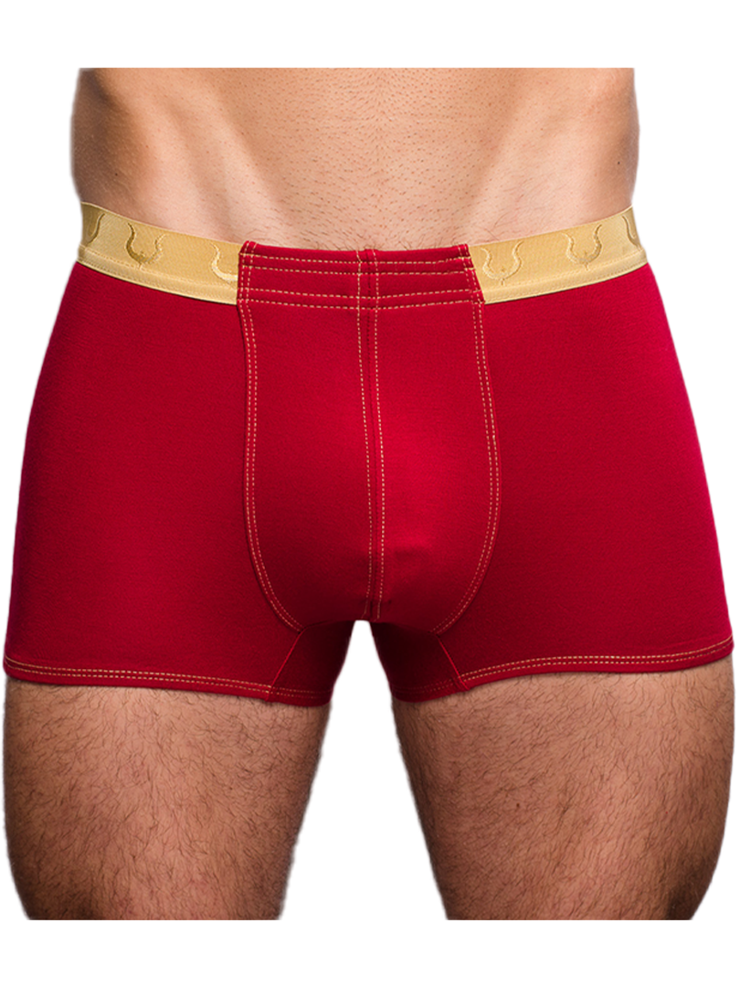 Red boxer briefs tartarus monaco trunk with gold horseshoe waistband and white stitching designed for comfort