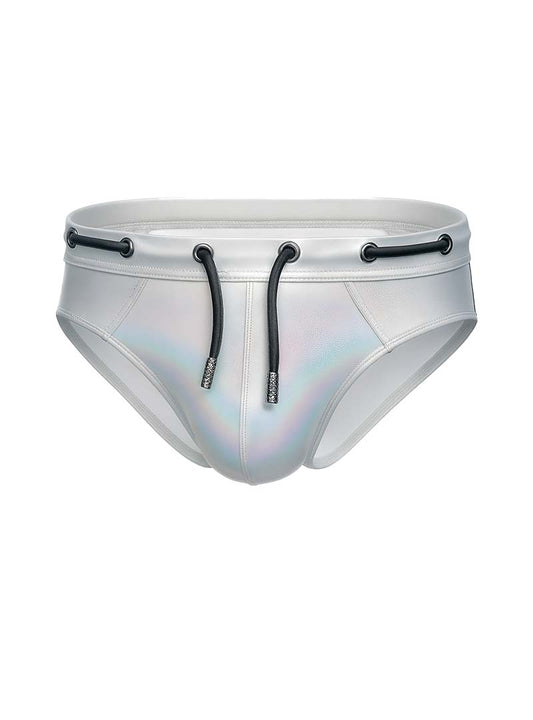 Silver holographic swim trunks tartarus side track metallic brief with black drawstrings and metal eyelets