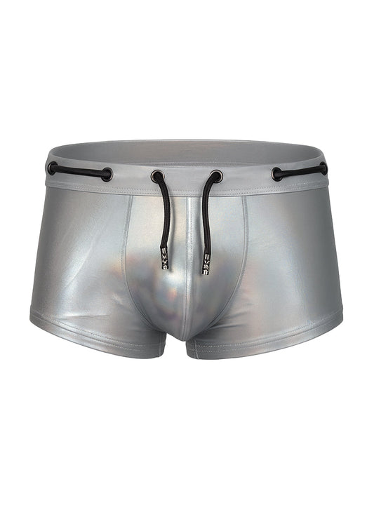 Tartarus side track metallic trunk silver swim trunks with black drawstrings and sleek shiny finish