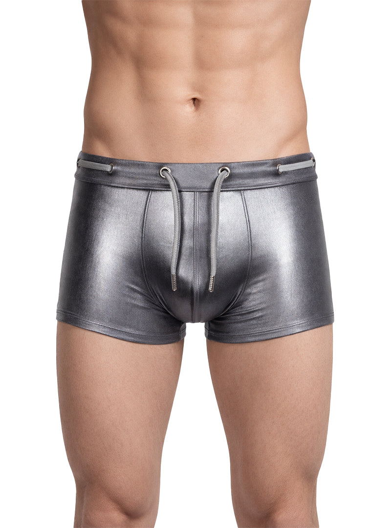 Shiny metallic gray swim trunks with a drawstring waistband tartarus side track metallic trunk front view