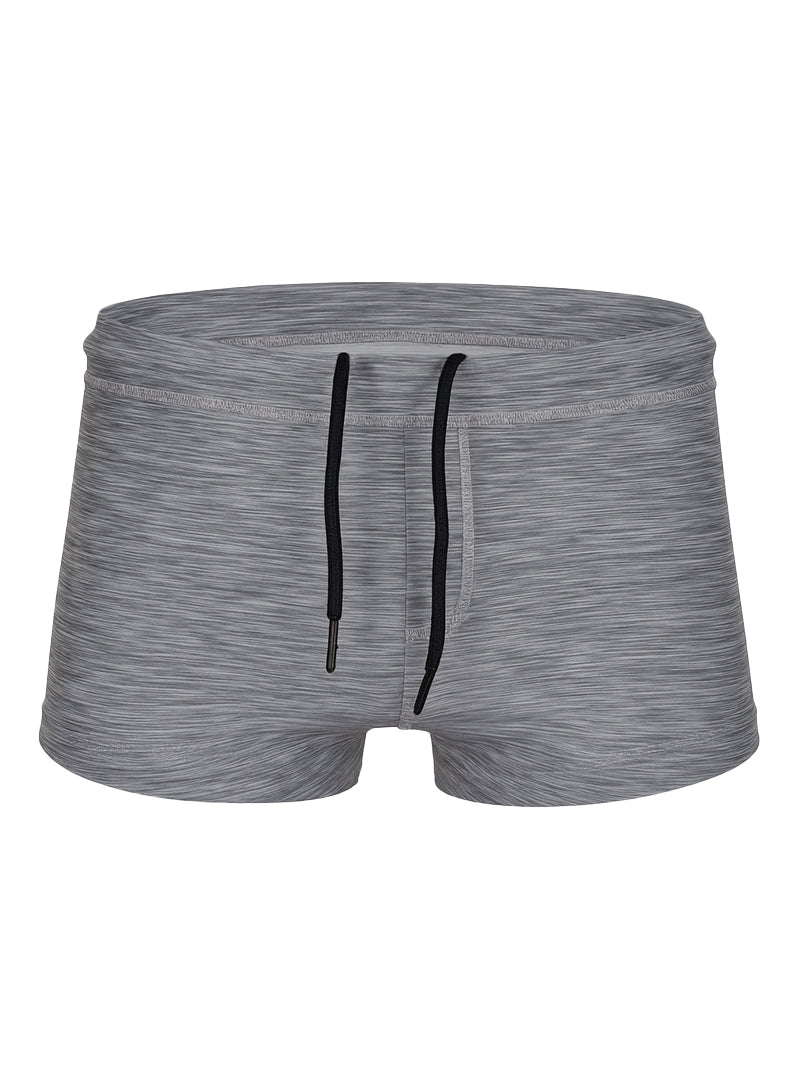 Gray heathered tartarus swim trunk with black drawstrings made from lightweight quick-dry fabric for swimming
