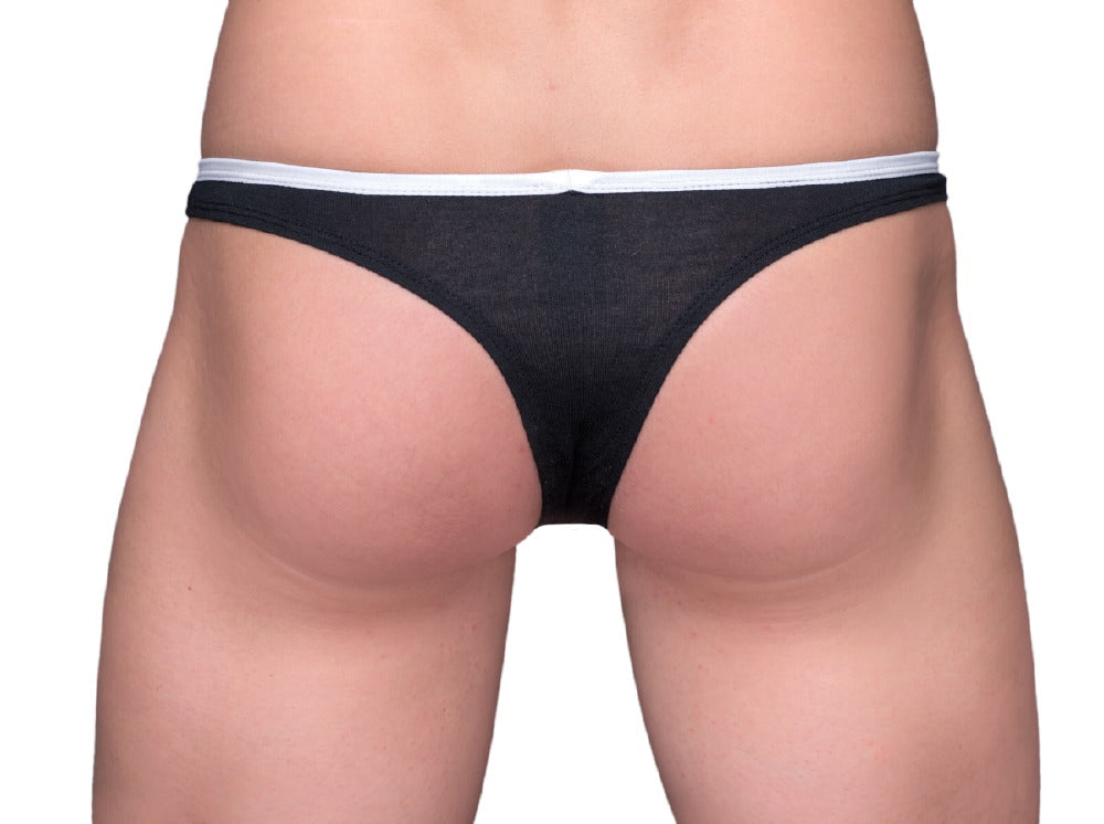 Black tartarus tear drop thong with white elastic waistband showing front side design and material details