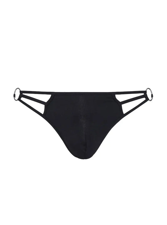 Black low rise G-string with side straps and metal rings made by Tartarus featuring a smooth fabric finish.
