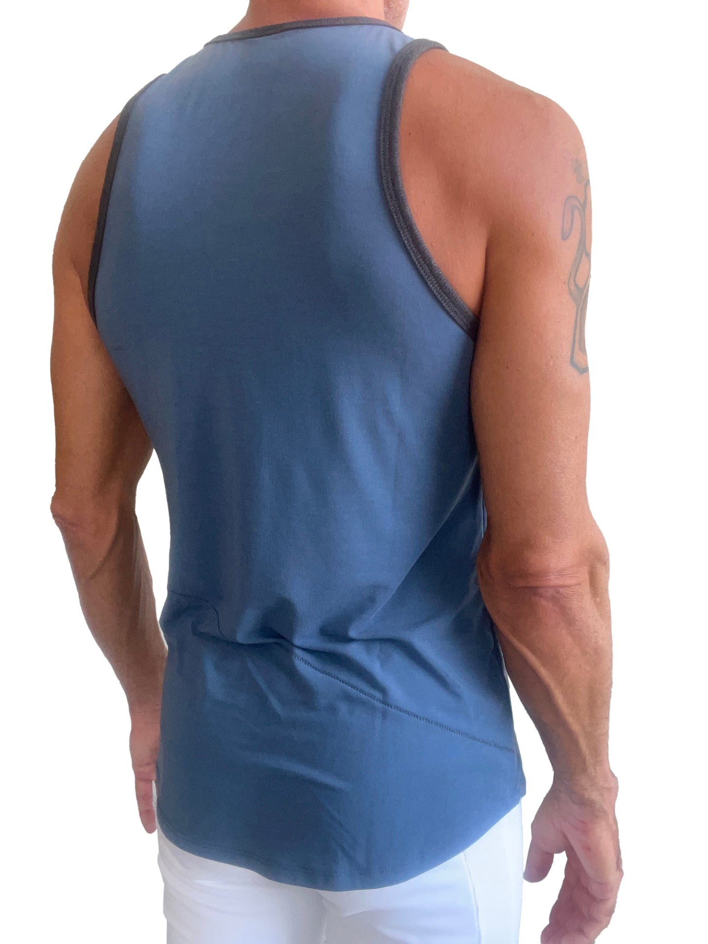 Blue athletic tank top the perfect tank denim blue with dark gray trim along neckline and armholes