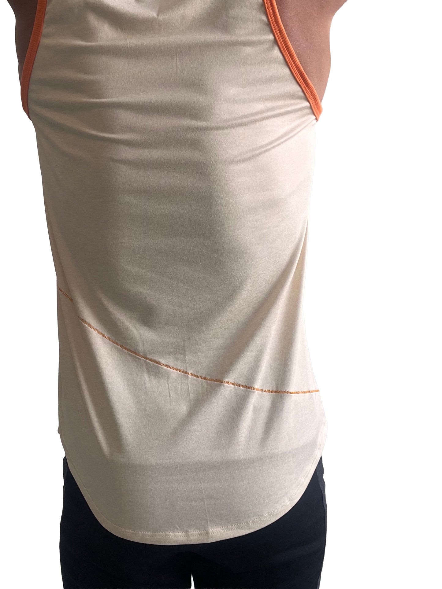 The back of the perfect tank sleeveless top in sand beige features cream color with orange trim and stitched detail