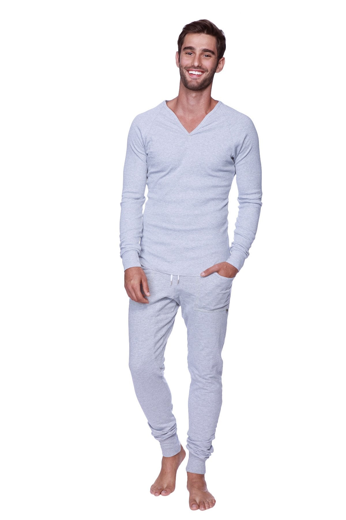 Thermal v-neck long sleeve heather grey light gray long-sleeved top and matching jogger pants set in soft thermal fabric