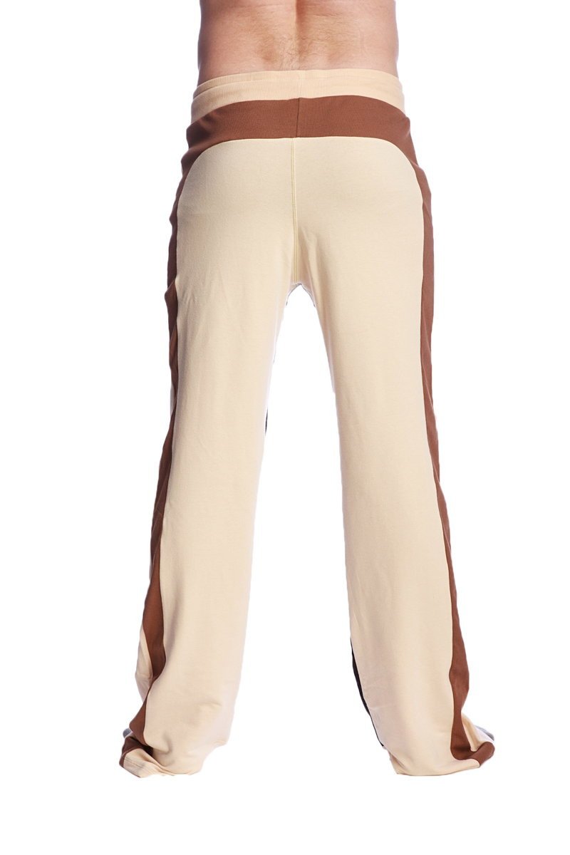 Beige and brown striped tri-color stretch eco-track and yoga sweat pants with comfortable loose fit in sand chocolate and black