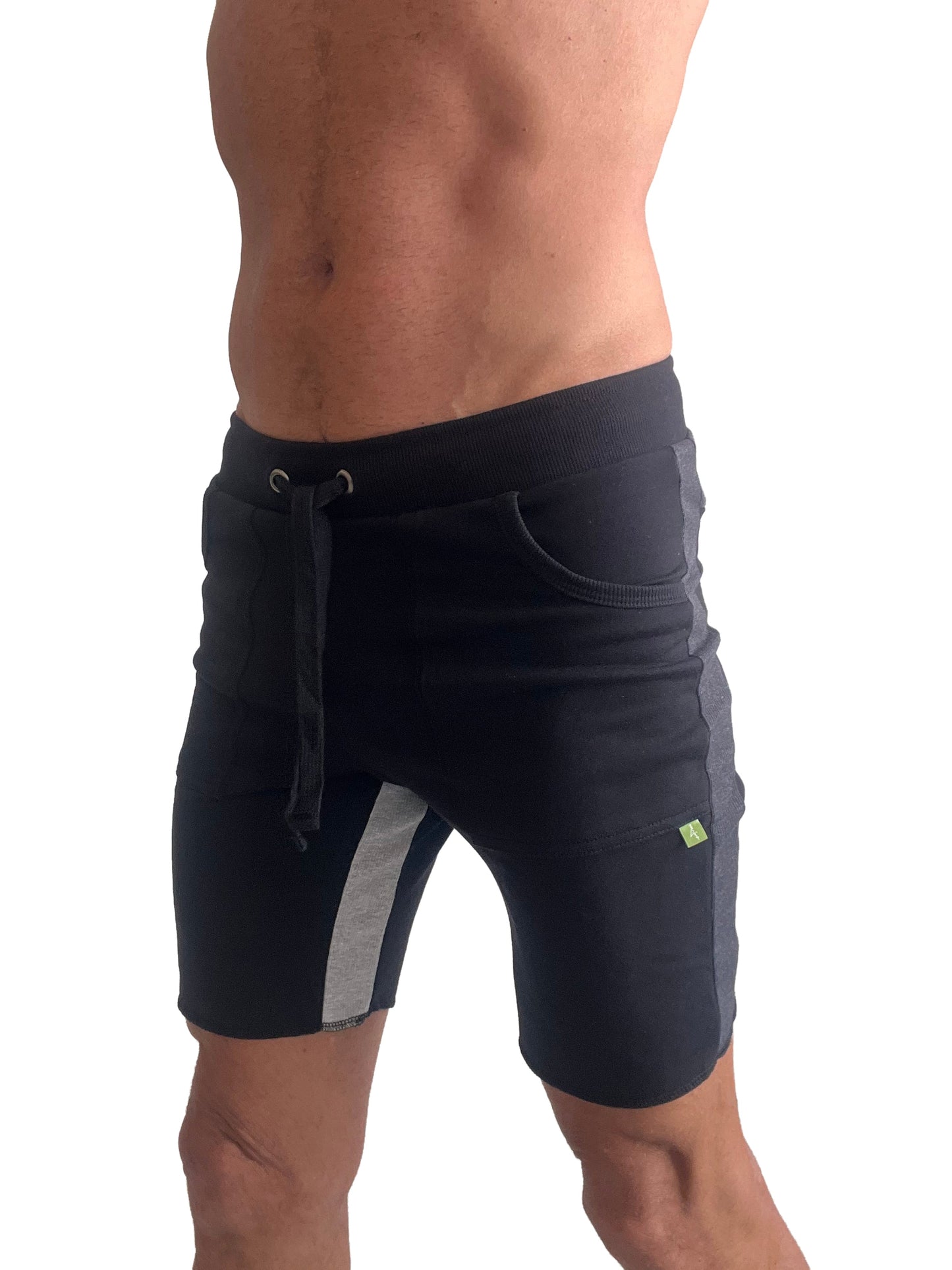 Black tri-color ultra-flex yoga track shorts with gray and charcoal side panels and drawstring waistband