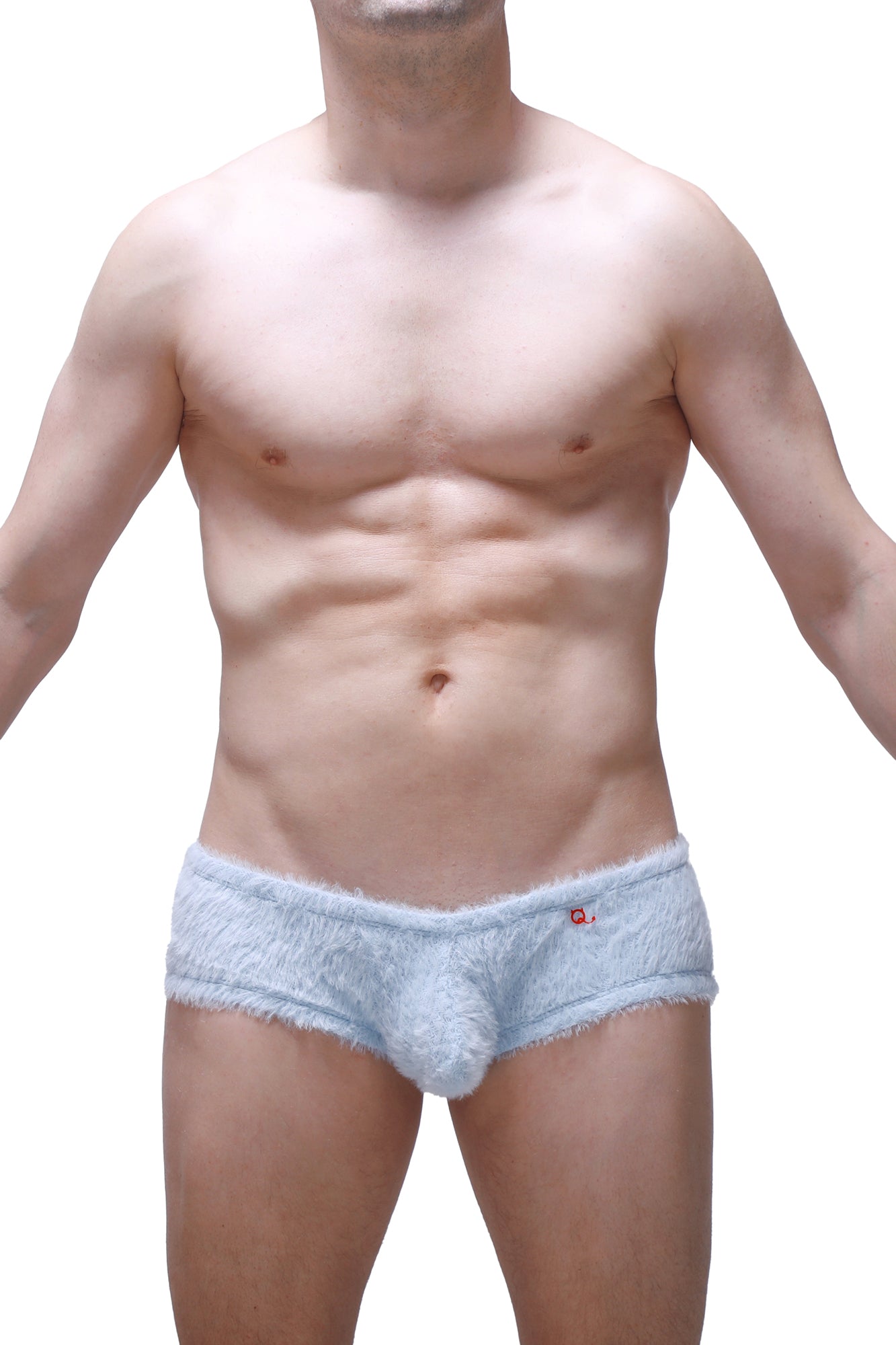 Light blue fuzzy men’s trunk underwear with plush textured material and small red logo on waistband titled trunk yeti blue