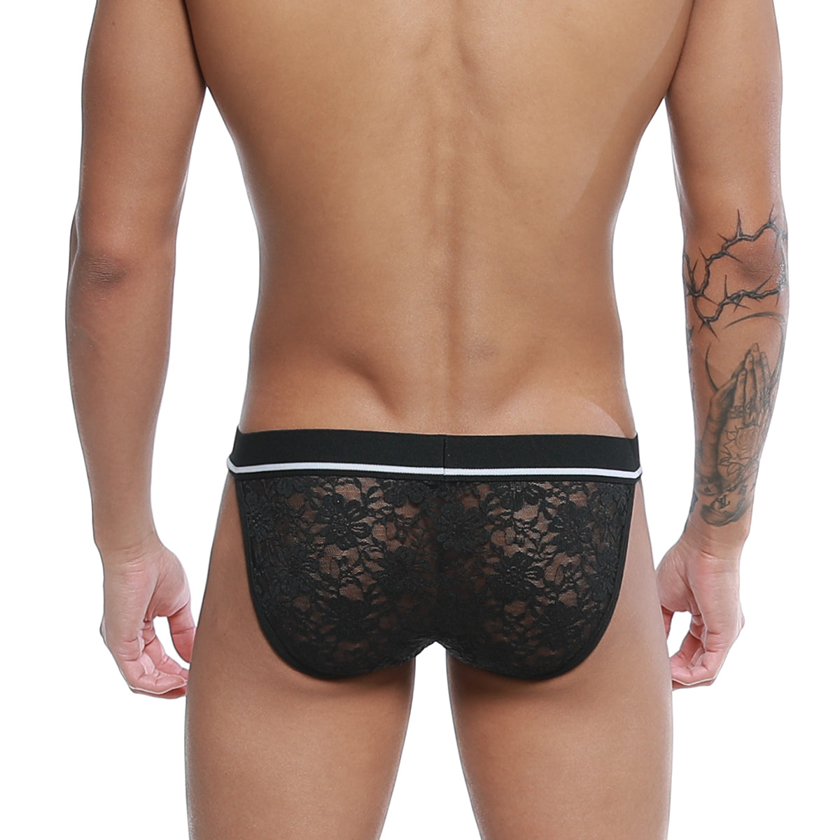 Black lace briefs u-station lace bikini black u0092-001 with white trim along the waistband