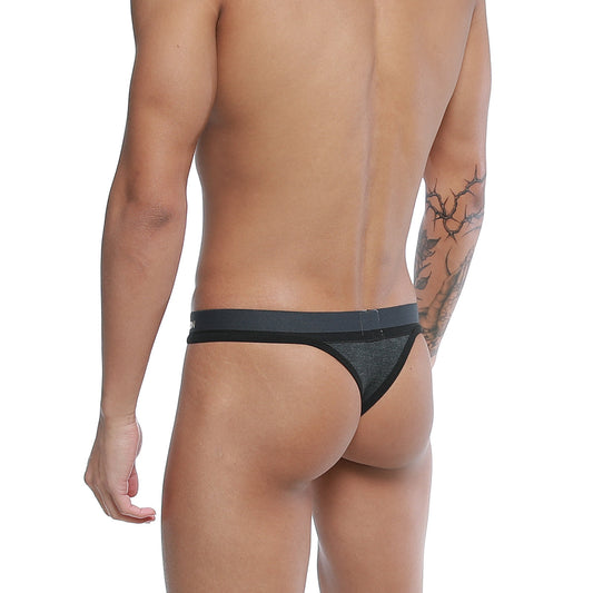 Black thong with solid waistband and textured fabric shown from the back in u-station talent thong gray u0104-013