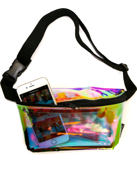 Iridescent holographic ultra slim fanny pack waist pouch with black adjustable strap and zipper closure