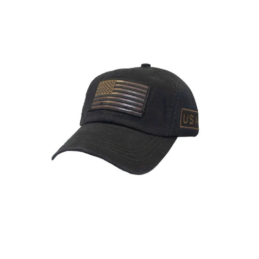 Black baseball cap with distressed american flag patch and usa label on the side for patriotic wear