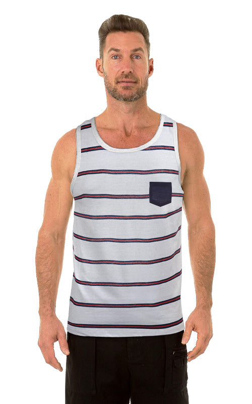 Uzzi pocket tank top white with navy blue horizontal stripes and matching chest pocket for casual wear