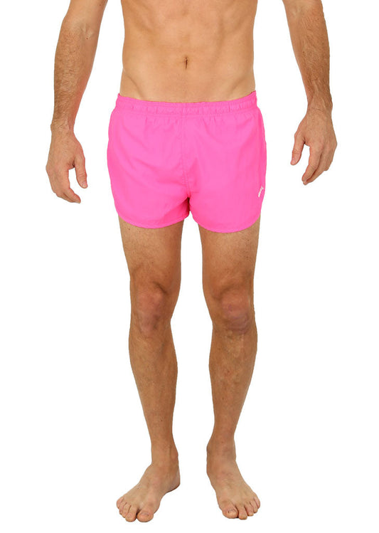 UZZI running short bright pink swim trunks with elastic waistband and subtle white logo on the side