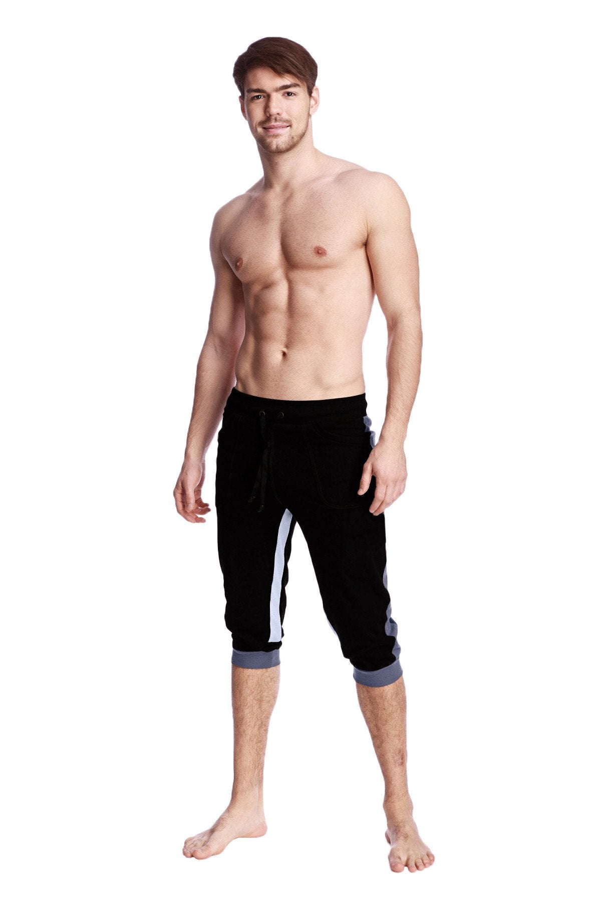 Black ultra-flex tri-color cuffed yoga capri pants with white and gray side stripes for athletic wear