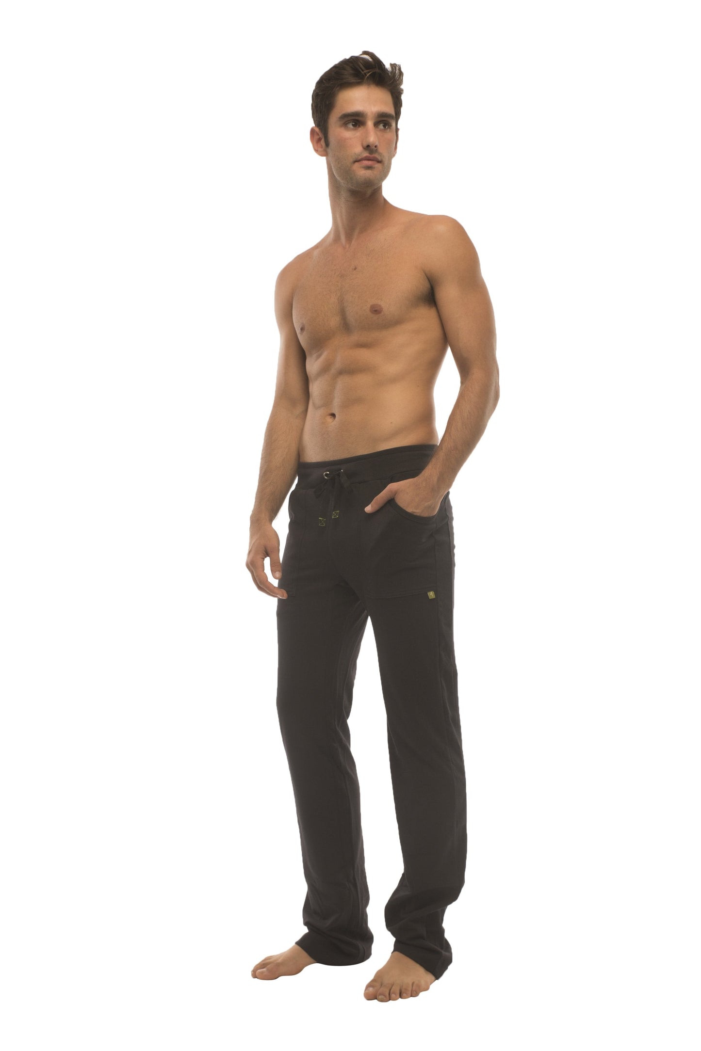 Black ultra flex yoga track and sweat pant with drawstring waist and subtle green logo on thigh