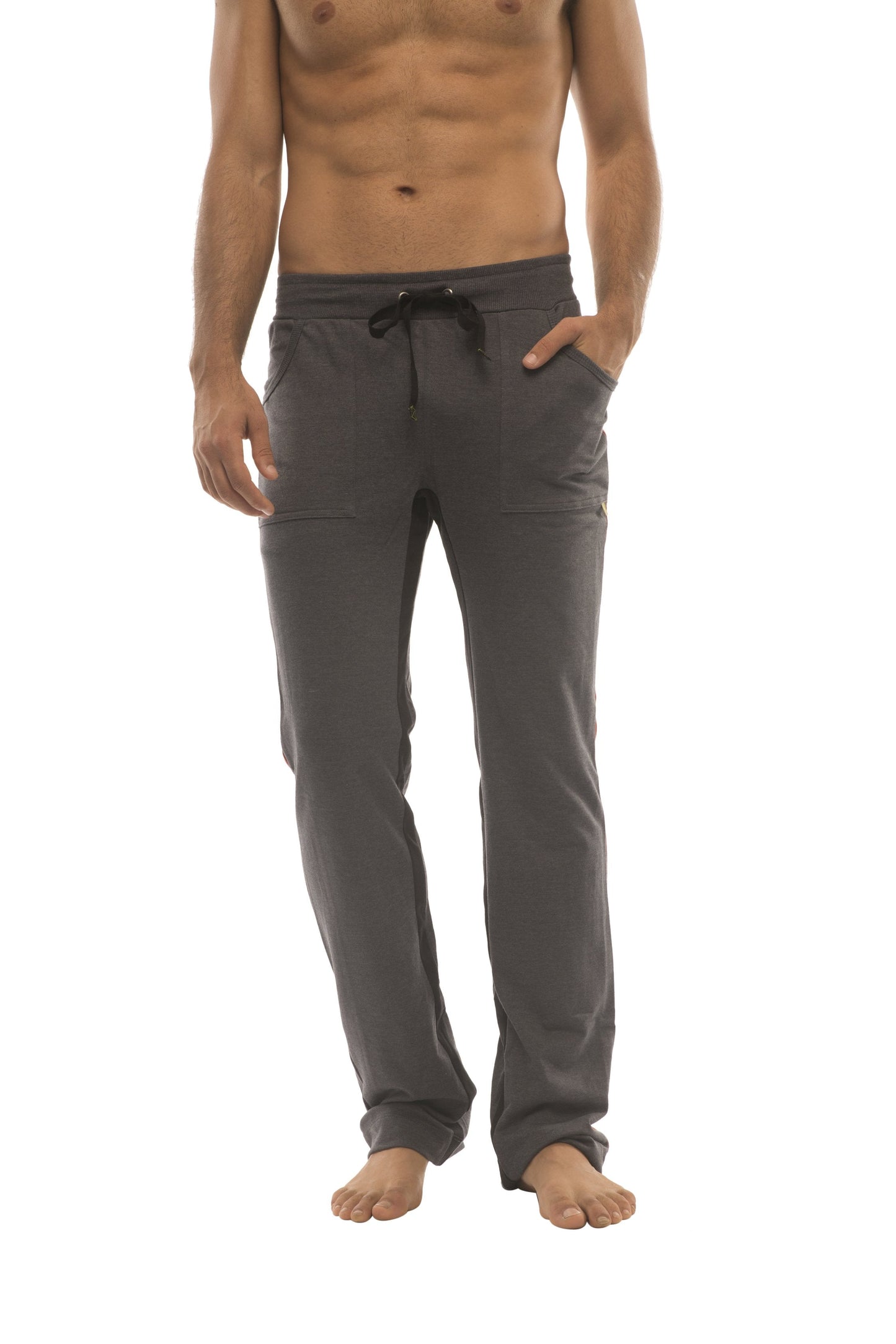 Dark gray ultra flex yoga sweat pant with comfortable fit black drawstring waistband and side pockets
