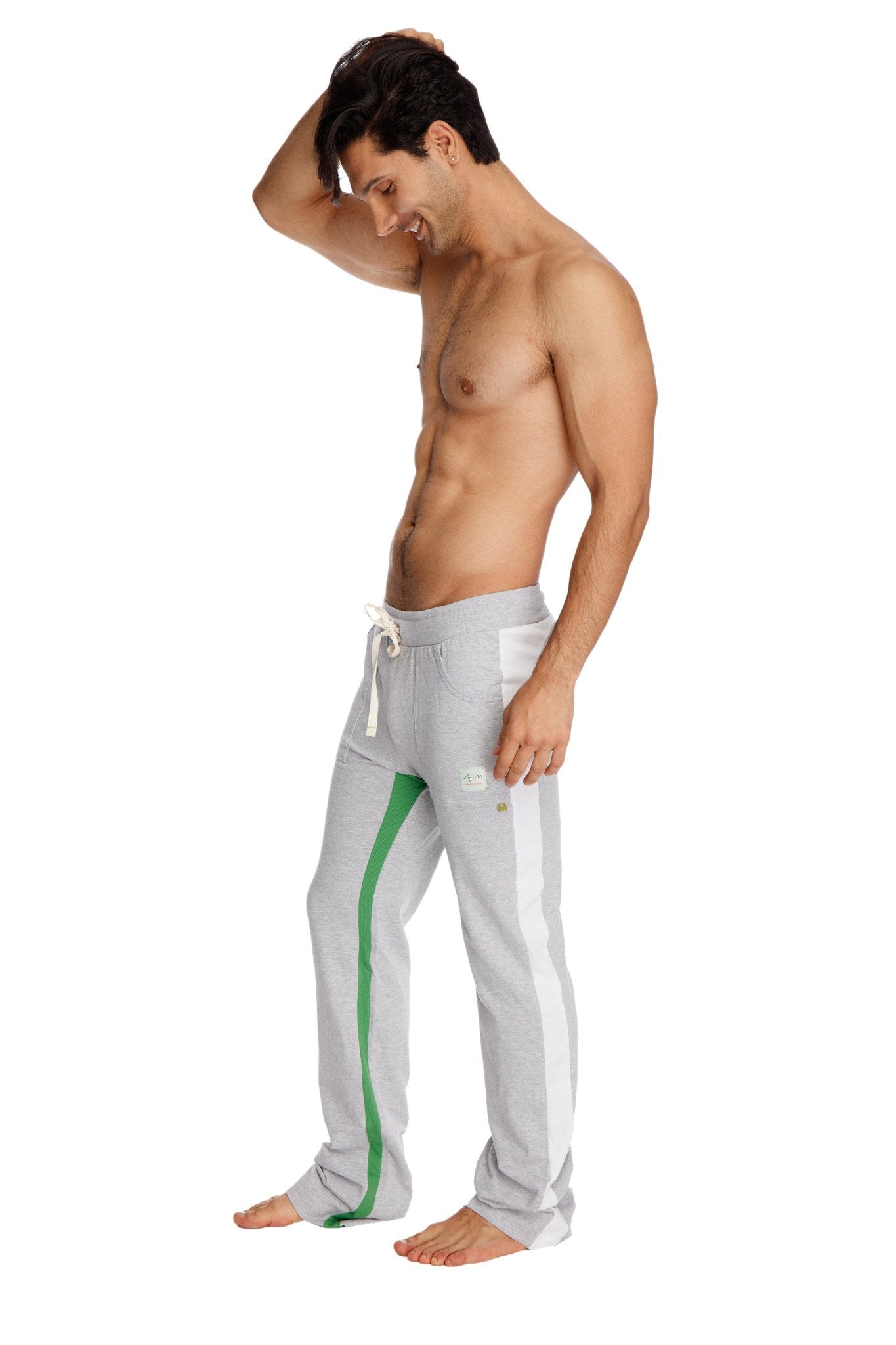Ultra flex yoga track and yoga sweat pant in grey with a green side stripe and white drawstrings for athletic wear