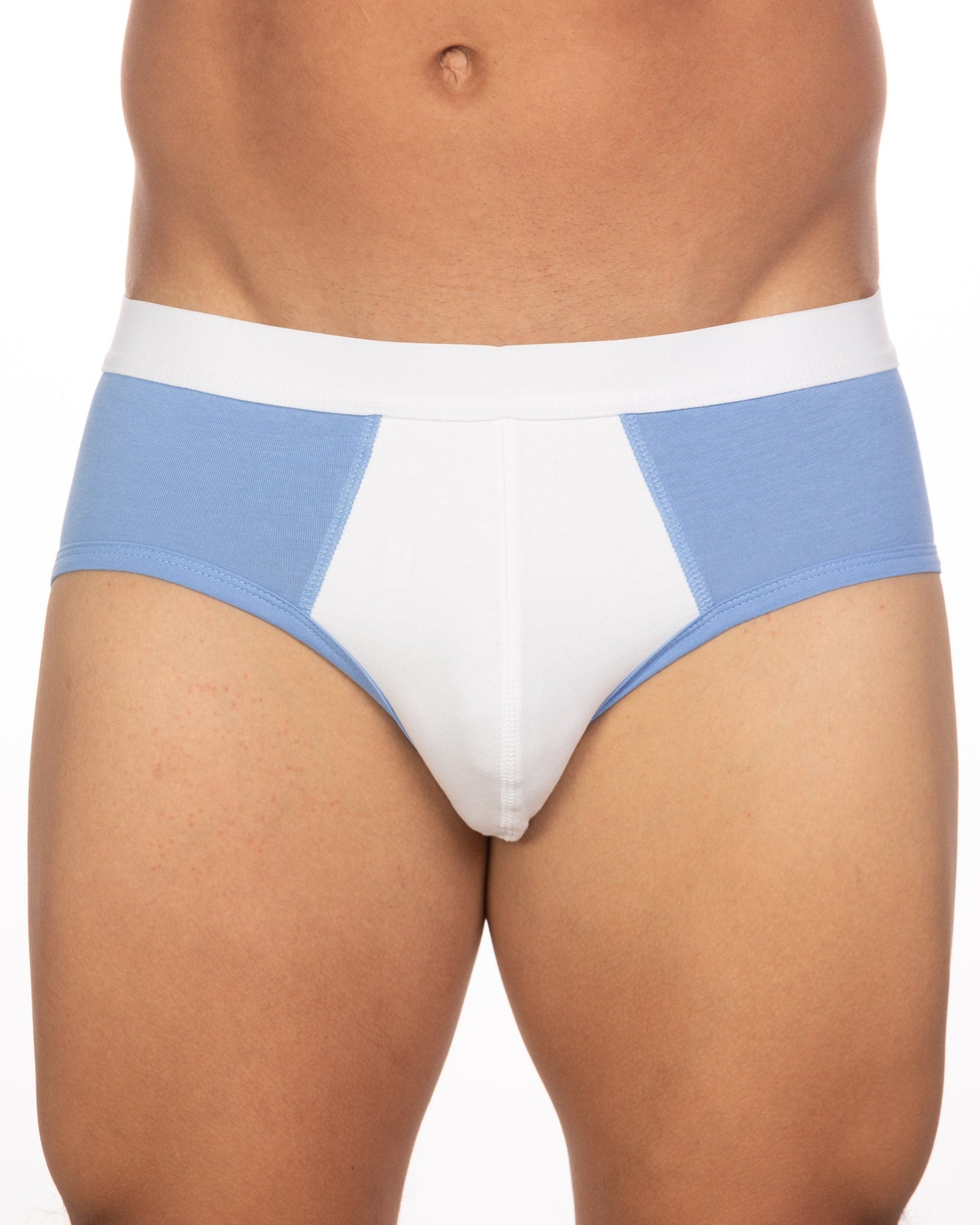 Undergear Basix Stan two-tone brief in light blue and white with contrasting panel design for athletic wear in size S and 2XL