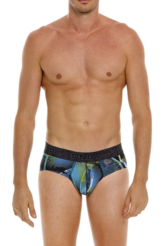Men’s dkny unico trino briefs in blue and green print with black elastic waistband for comfortable daily wear