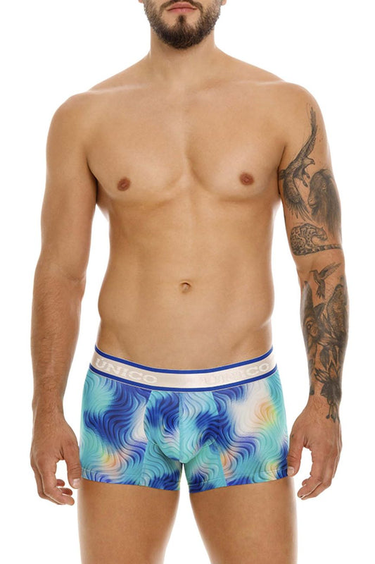 Unico 24100100105 Moscatel trunks in blue and turquoise abstract wave pattern with white elastic waistband featuring Unico