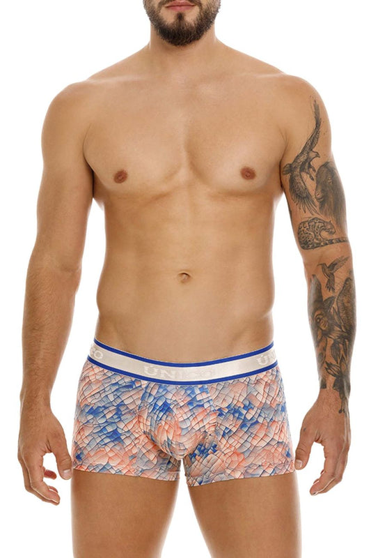 Unico 24100100109 aforo multi-colored boxer briefs with blue and pink scale pattern and white elastic waistband