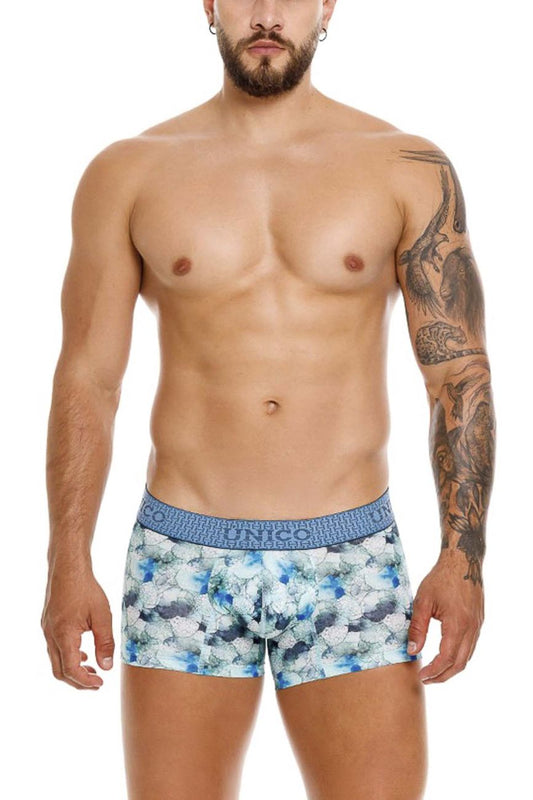 Unico 25020100104 abalon trunks are blue and white floral patterned men’s briefs with a branded elastic waistband