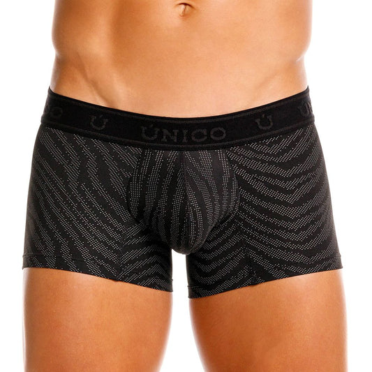 Black unico boxer briefs with subtle gray zigzag pattern and branded elastic waistband modelo 25050100104 zelmur trunks