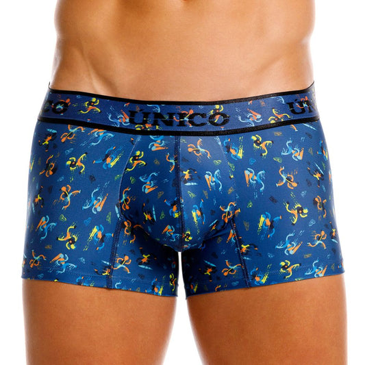 Blue unico boxer briefs with vibrant orange and yellow abstract pattern in soft fabric for comfortable wear