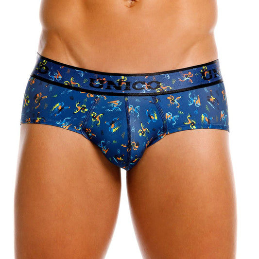 Blue unico men’s briefs with a vibrant abstract pattern in color 46 blue from the unico 25060101106 pacer briefs line