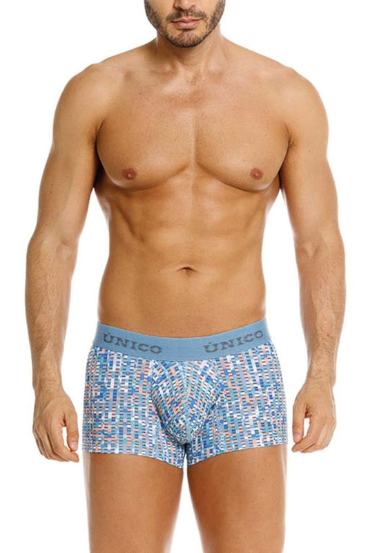 Blue patterned men’s boxer briefs with a light blue unico waistband lignina trunks color 46 blue