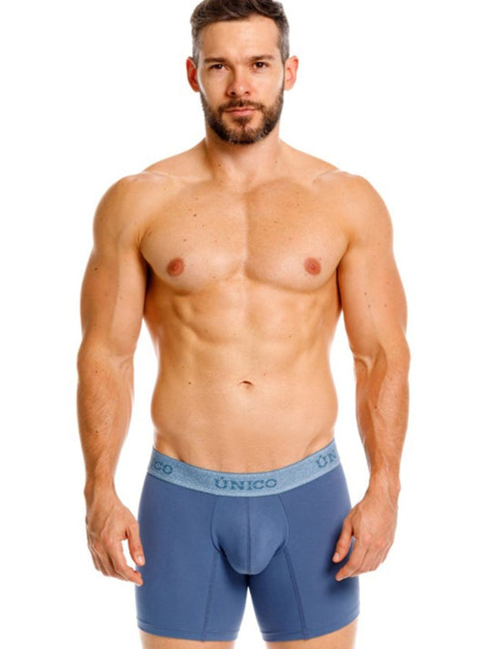 Blue unico mens boxer briefs in teal with contoured design and elastic waistband for premium comfort and style