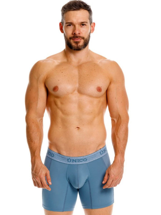 Blue unico brand men’s boxer briefs with contoured design and elastic waistband for premium comfort and fit