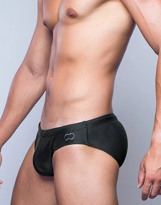 Black v10 core bikini swim trunks with subtle white infinity symbol logo on the side for swimming and beachwear