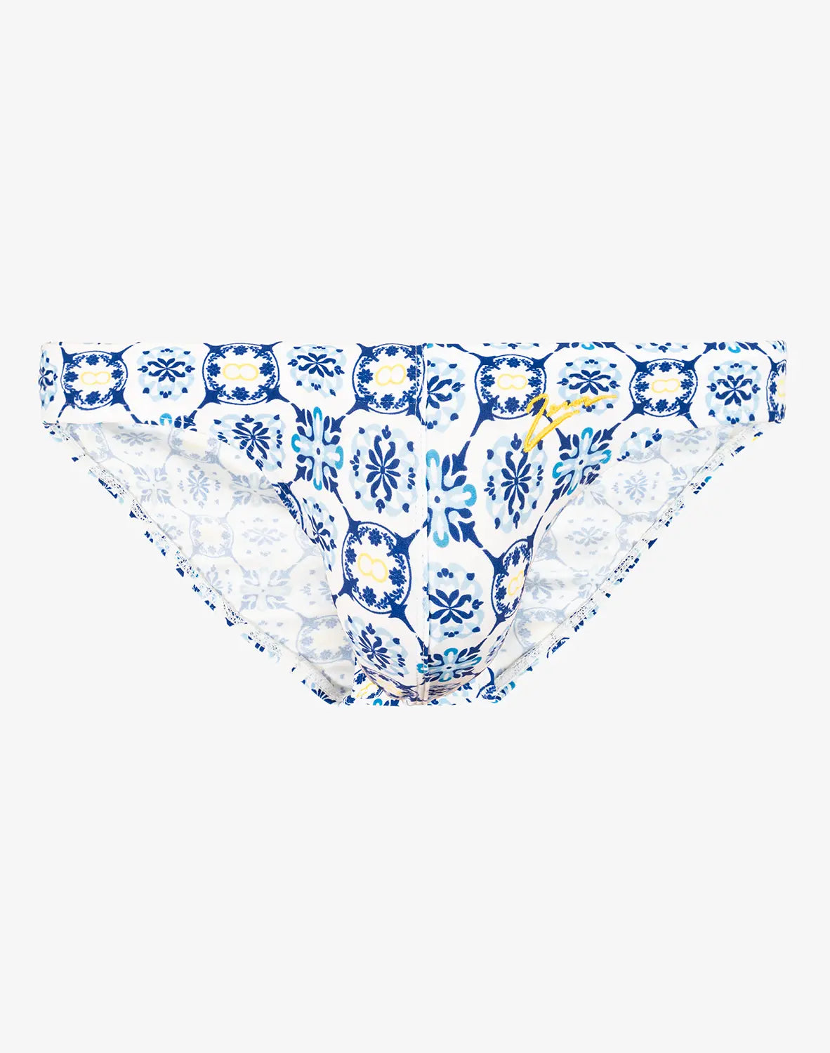 Blue and white patterned swim brief with decorative tile design ideal for beach and pool use