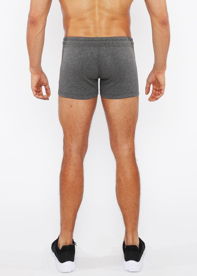 Gray heathered vault gym-tech athletic shorts with a fitted waistband and three color heat weld zippers for workout use