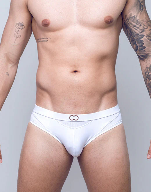 White vb13 swim brief with subtle elastic waistband and two interlocking ring motifs on the front