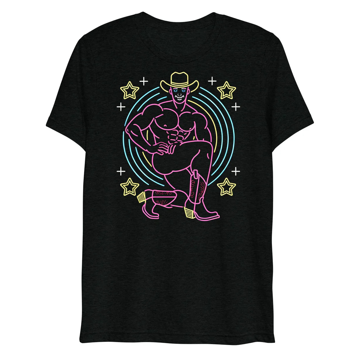 Black cotton t-shirt featuring neon pink and yellow muscular cowboy graphic with stars and circles titled Vegas Rick