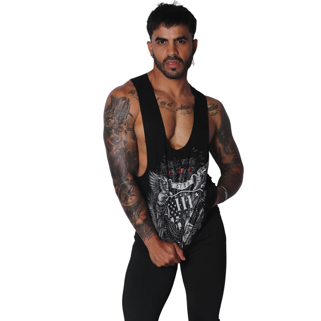 Black deep-scoop muscle tank with vintage-style eagle and flag graphic print on the chest.