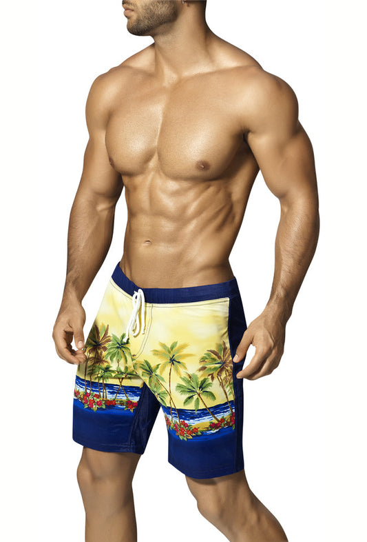 Men’s vuthy palm tree boardshorts in blue and yellow with palm and flower pattern and navy side panels and waistband