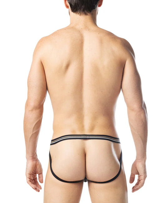 Black warm up jockstrap thong with two thin white stripes on the waistband showing the back side