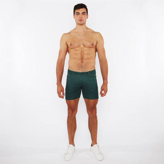 Dark green slim-fit washed denim stretch knit shorts with a classic five-pocket design