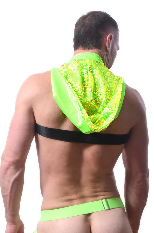 Back view of neon green sequined whoreness sequin hood harness hoodie with black strap across the back
