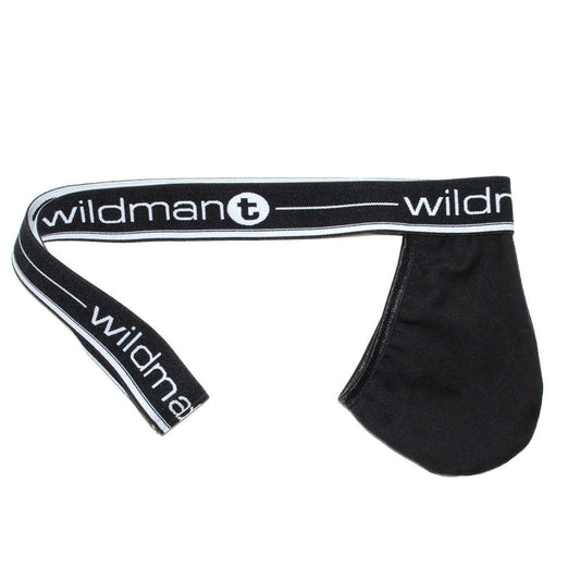 Black WildmanT strapless jockstrap with a large front pouch and white logo-branded elastic waistband.