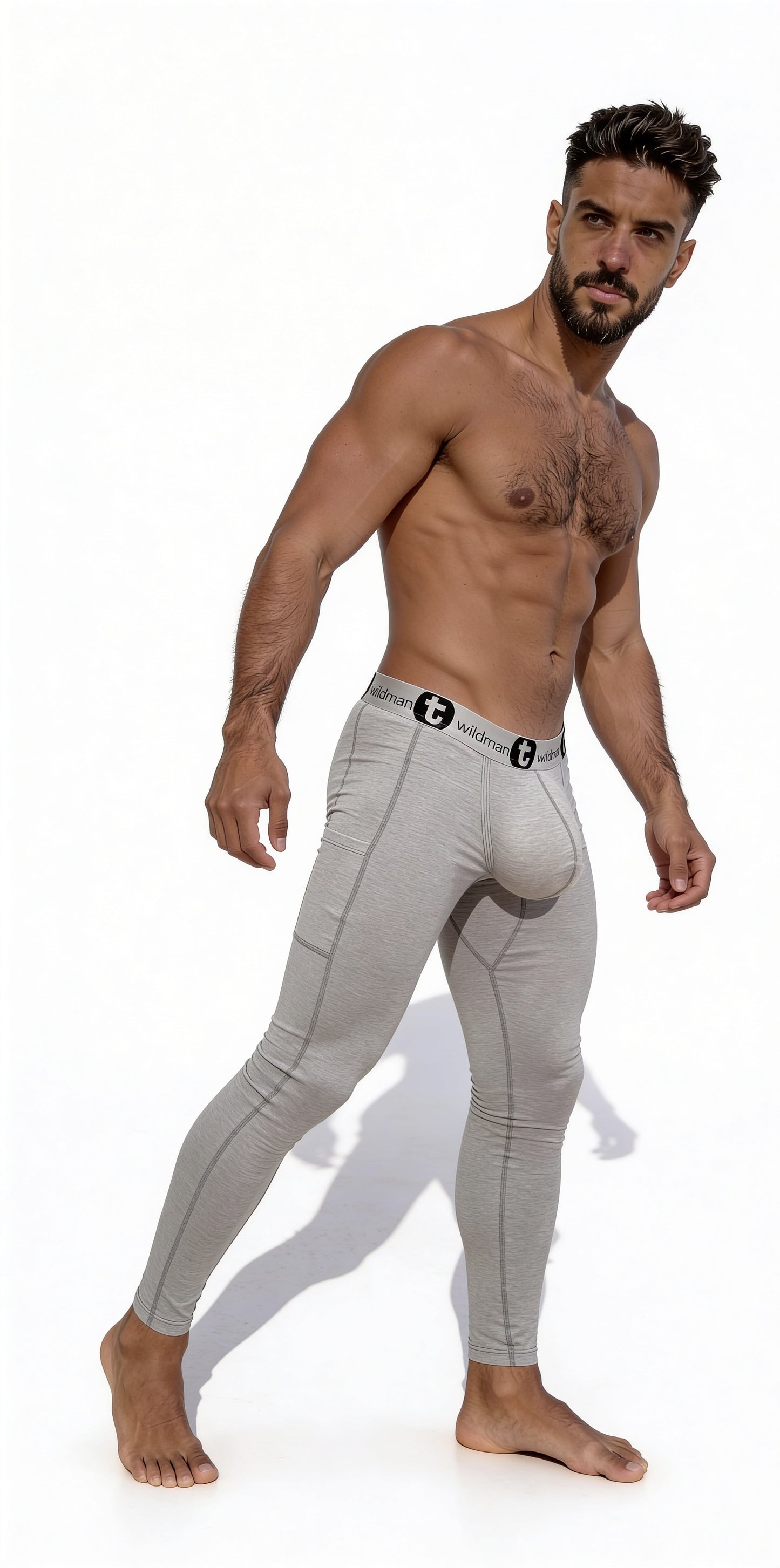 Gray cotton WildmanT long johns with form-fitting leggings and black and white branded waistband pouch underwear