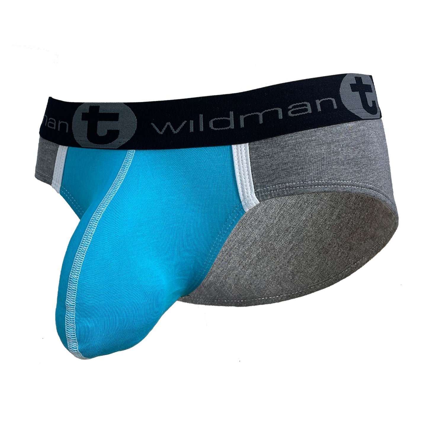 Wildmant modal big boy pouch brief in baby blue and gray with black waistband featuring wildman logo