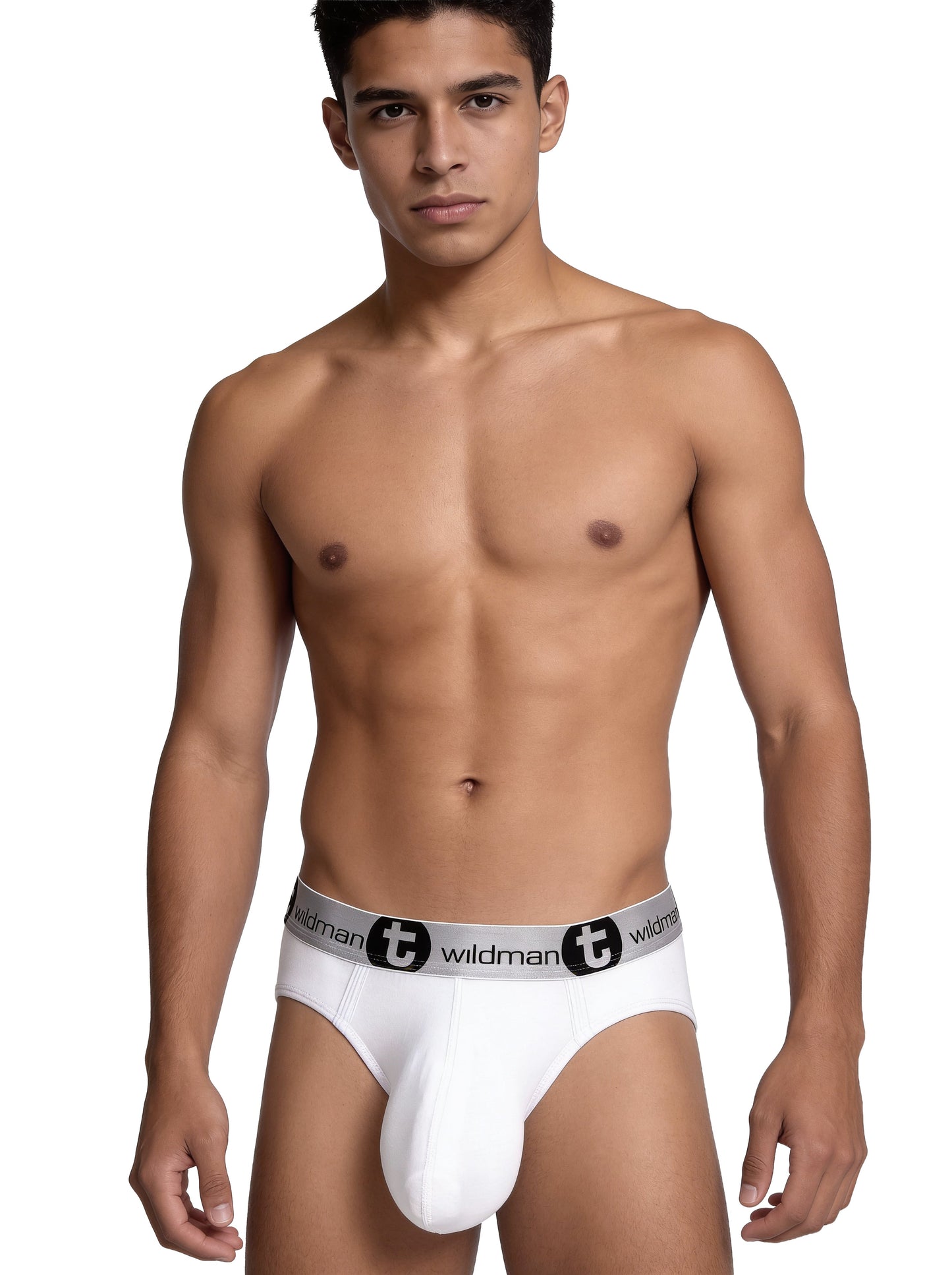 White wildman modal monster cock briefs with gray waistband and black logo lettering front view