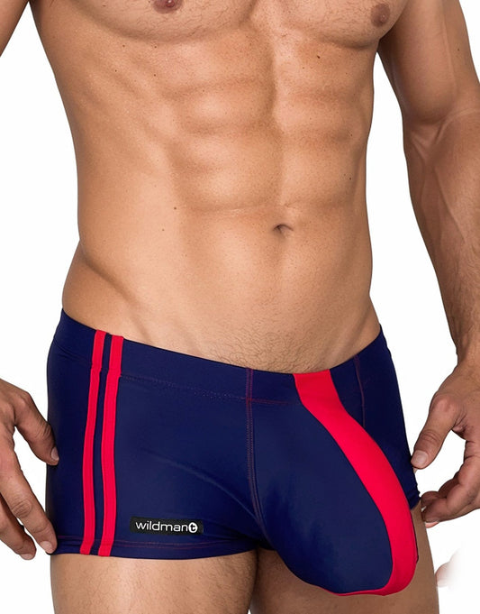 WildmanT Monster Cock swim square cut navy red swim trunks with sleek form-fitting design and striped pattern