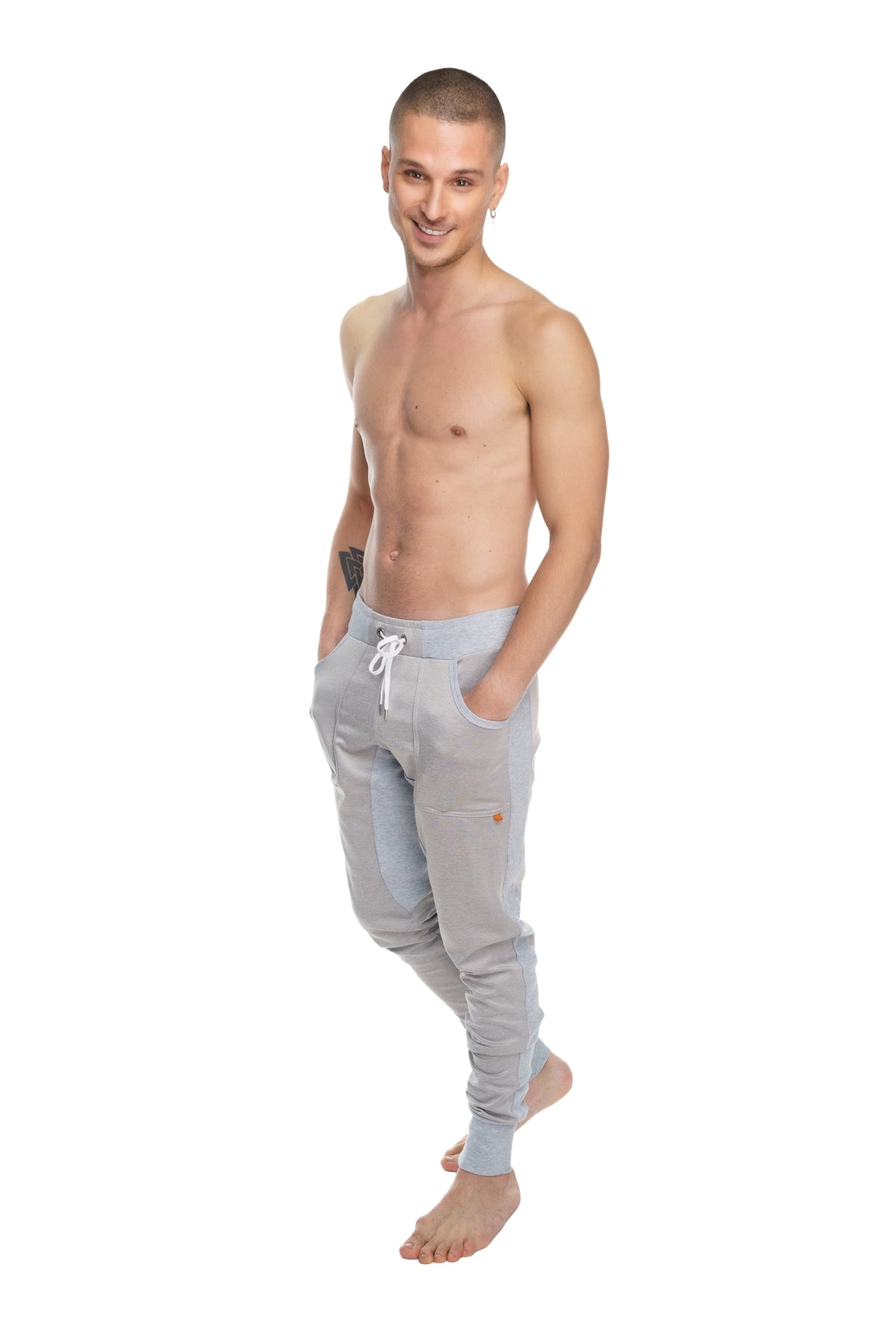 Winter edition performance-luxe-fleece stainless steel grey jogger pants with white drawstrings and gold logo on thigh